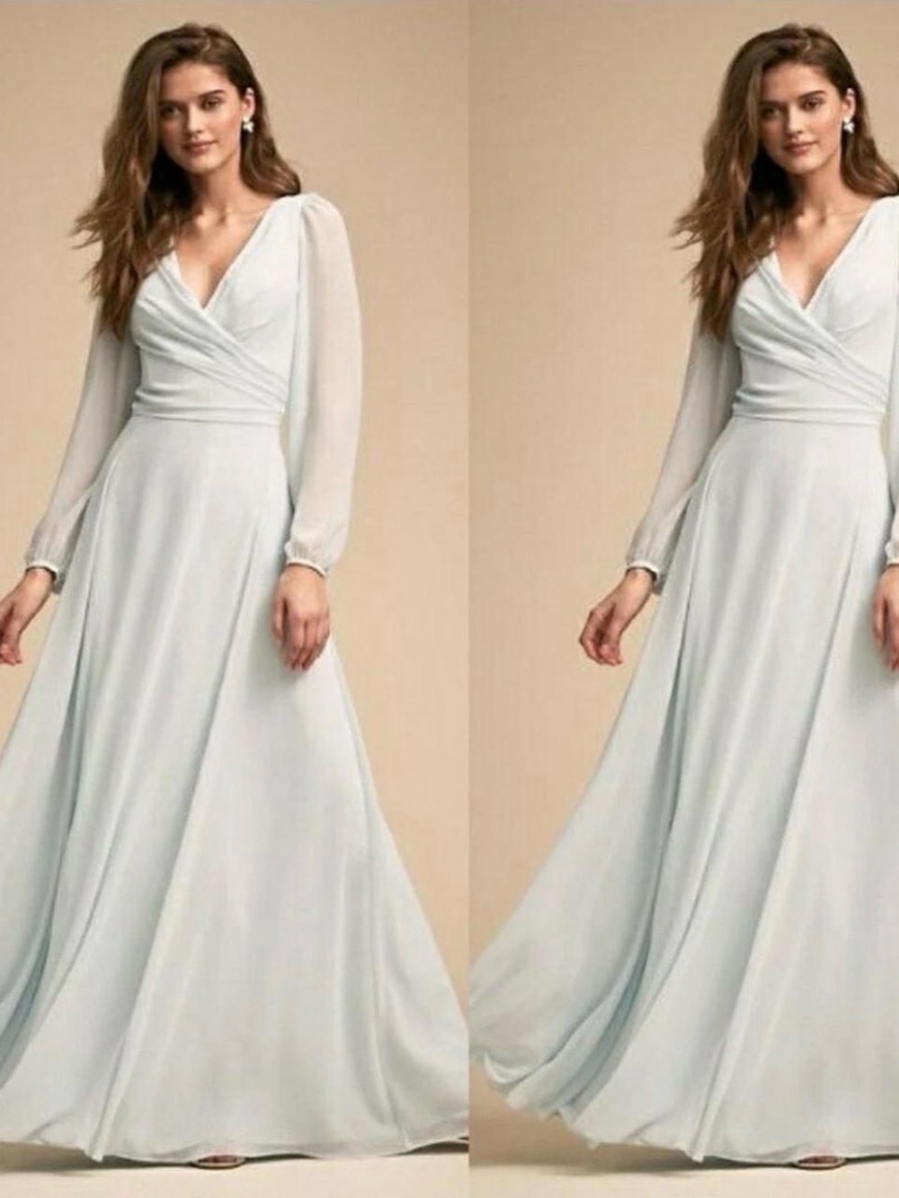 BHLDN Pale Blue Long Sleeve V-Neck Maxi Dress